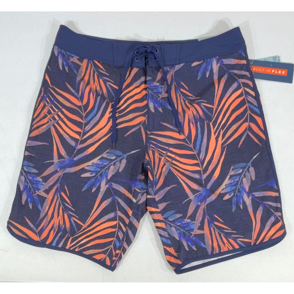 Old Navy Board Shorts 32 Navy‎ Orange Tropical Palm Leaf Built-In Flex UPF 40
